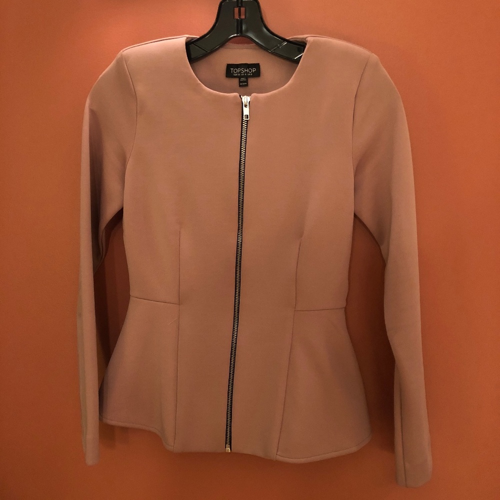 Nude Pink Peplum Zip Up Blazer